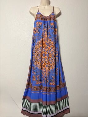 Anthropologie Dream Daily Tile Burst Floral Maxi Dress, Blue & Orange Print M